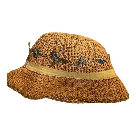 Women’s Beige Woven Paper Hat with Light Blue Flowers One Size Fits Most 12x8in - Picture 9 of 16